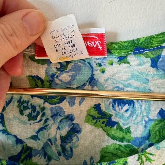 Loungecrest Vintage Blue Floral Rose Drop Waist Tiered Ruffle Cotton Dress L - Picture 7 of 8